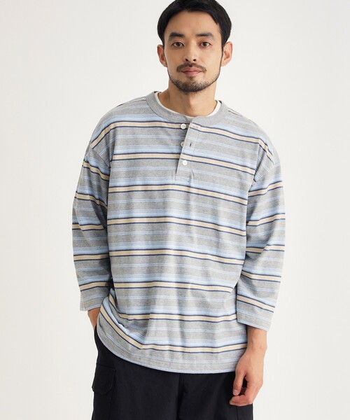 BACK NUMBER(バックナンバー)の「マルチボーダーヘンリーロンT(Tシャツ/カットソー・メンズ・ライトグレー系2/キャメル/グリーン系その他4・05/04/03)」の1枚目の写真