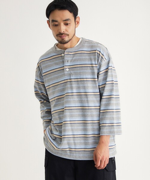 BACK NUMBER(バックナンバー)の「マルチボーダーヘンリーロンT(Tシャツ/カットソー・メンズ・ライトグレー系2/キャメル/グリーン系その他4・05/04/03)」の13枚目の写真