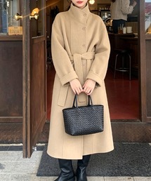 ウエストベルト×スタンドカラーロングコート