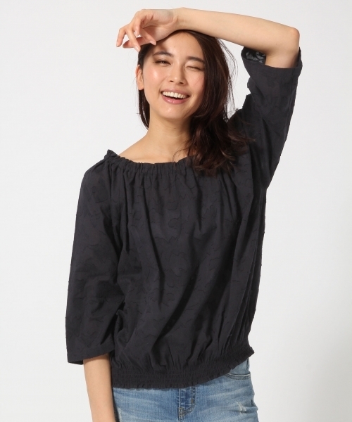 GLOBAL WORK（グローバルワーク）の「カットジャガードスモック7分袖/709289（シャツ/ブラウス・レディース・ブラウン/ホワイト/ネイビー/ライトブルー・LARGE/MEDIUM）」の4枚目の写真