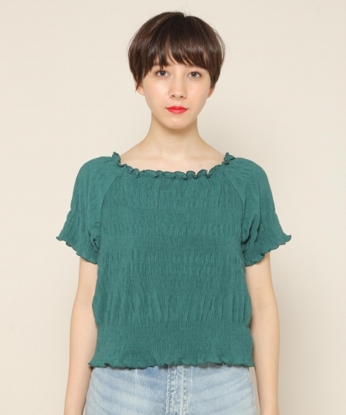 PAGEBOY（ページボーイ）の「シャーリングトップス（Tシャツ/カットソー・レディース・オフホワイト/ブラック/グリーン・FREE）」の8枚目の写真