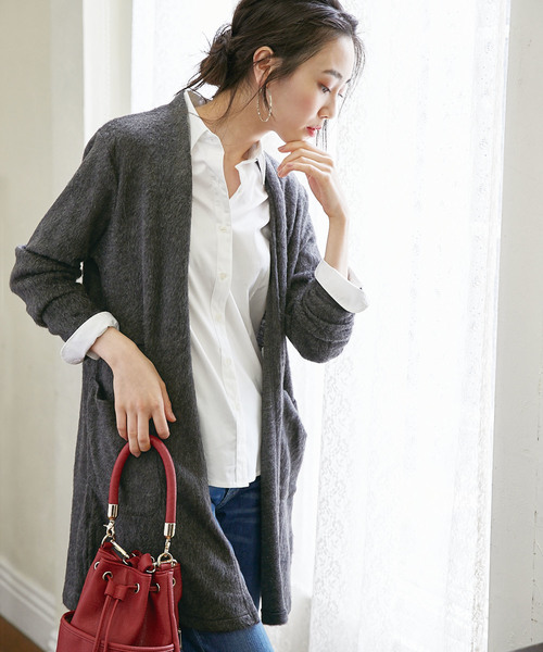 BELLUNA（ベルーナ）の「ウール入りシャギー素材カーディガン（ノーカラージャケット・レディース・チャコールグレー/ライトグレー/ベージュ系その他・MEDIUM/LARGE/X-LARGE）」の2枚目の写真