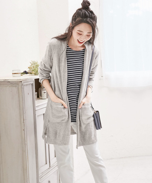 BELLUNA（ベルーナ）の「ウール入りシャギー素材カーディガン（ノーカラージャケット・レディース・チャコールグレー/ライトグレー/ベージュ系その他・MEDIUM/LARGE/X-LARGE）」の8枚目の写真