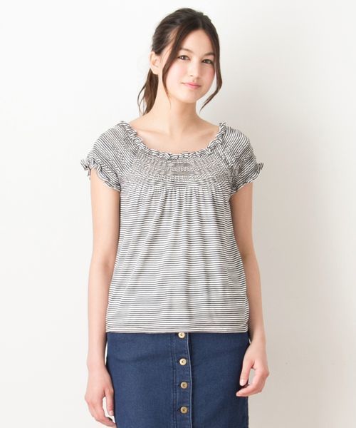VIS(ビス)の「【ヒルナンデス放映】シャーリングオフショルダー(Tシャツ/カットソー・レディース・ブラック系その他/ホワイト/ブルー/ブラック/ダークブラック/ホワイト系その他/インディゴブルー・MEDIUM)」の5枚目の写真