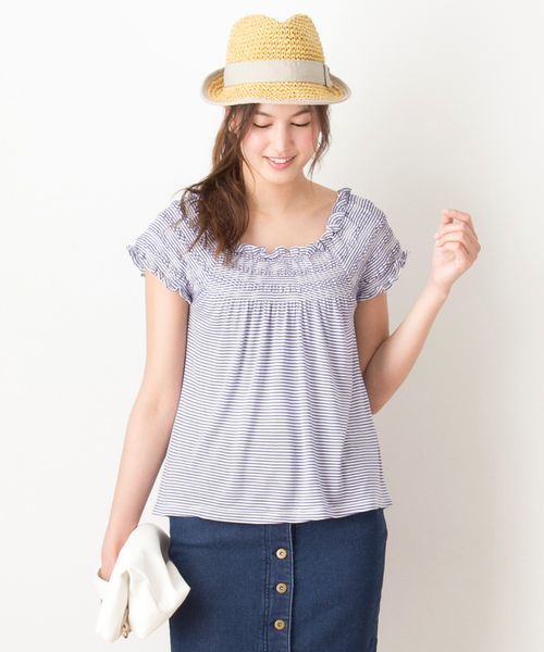 VIS(ビス)の「【ヒルナンデス放映】シャーリングオフショルダー(Tシャツ/カットソー・レディース・ブラック系その他/ホワイト/ブルー/ブラック/ダークブラック/ホワイト系その他/インディゴブルー・MEDIUM)」の1枚目の写真