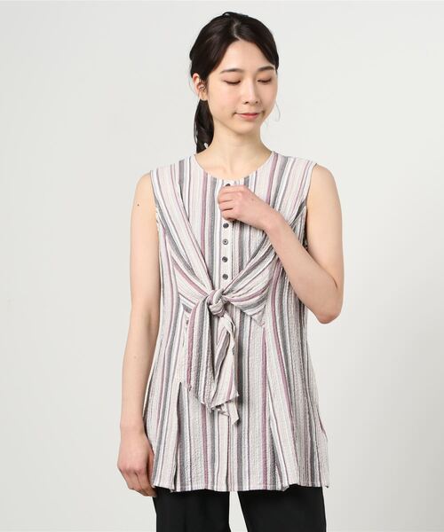 GGD（ジージーディー）の「HAVE A NICE TRIP / ハヴァナイストリップ　楊柳ストライプフロントタイチュニック（チュニック・レディース・キャメル/ワイン/バイオレット・M/L/LL）」の3枚目の写真