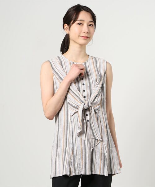 GGD（ジージーディー）の「HAVE A NICE TRIP / ハヴァナイストリップ　楊柳ストライプフロントタイチュニック（チュニック・レディース・キャメル/ワイン/バイオレット・M/L/LL）」の6枚目の写真