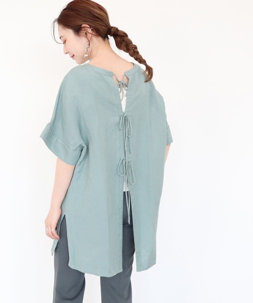 AMERICAN HOLIC（アメリカンホリック）の「バックオープンリネンブレンドチュニック　＊〇（Tシャツ/カットソー・レディース・チャコールグレー/グリーン/ストライプ/ライトベージュ・FREE）」の4枚目の写真