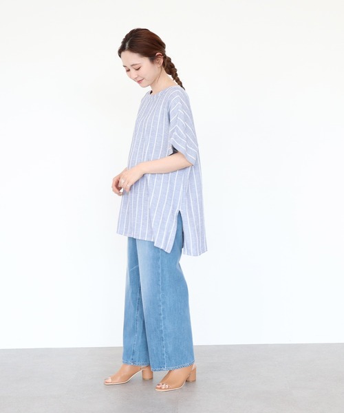 AMERICAN HOLIC（アメリカンホリック）の「バックオープンリネンブレンドチュニック　＊〇（Tシャツ/カットソー・レディース・チャコールグレー/グリーン/ストライプ/ライトベージュ・FREE）」の7枚目の写真