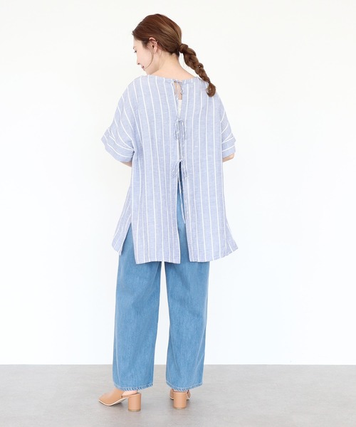 AMERICAN HOLIC（アメリカンホリック）の「バックオープンリネンブレンドチュニック　＊〇（Tシャツ/カットソー・レディース・チャコールグレー/グリーン/ストライプ/ライトベージュ・FREE）」の8枚目の写真