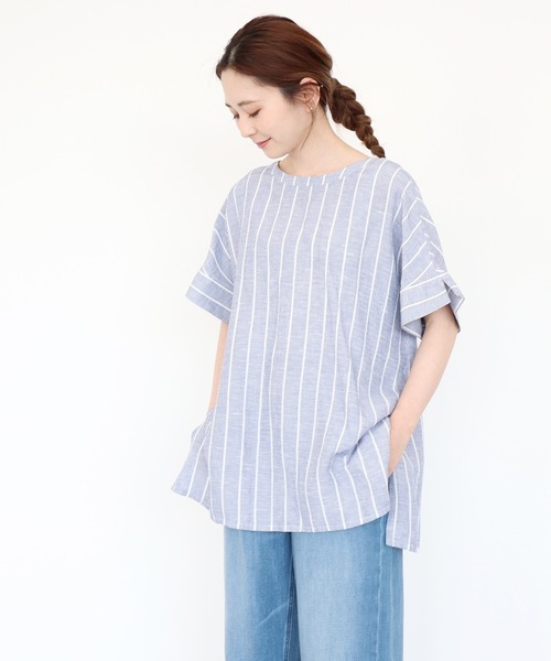 AMERICAN HOLIC（アメリカンホリック）の「バックオープンリネンブレンドチュニック　＊〇（Tシャツ/カットソー・レディース・チャコールグレー/グリーン/ストライプ/ライトベージュ・FREE）」の5枚目の写真