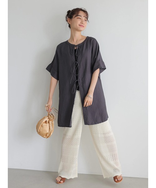 AMERICAN HOLIC（アメリカンホリック）の「バックオープンリネンブレンドチュニック　＊〇（Tシャツ/カットソー・レディース・チャコールグレー/グリーン/ストライプ/ライトベージュ・FREE）」の19枚目の写真