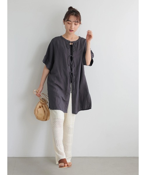 AMERICAN HOLIC（アメリカンホリック）の「バックオープンリネンブレンドチュニック　＊〇（Tシャツ/カットソー・レディース・チャコールグレー/グリーン/ストライプ/ライトベージュ・FREE）」の18枚目の写真