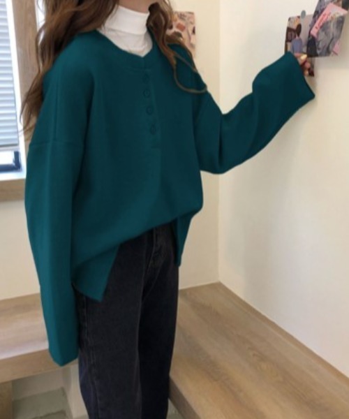 Diosfront（ディオスフロント）の「スタンドネックオーバーサイズカットロンTee（Tシャツ/カットソー・レディース・ライトグリーン/イエロー/ブラック/ブルーグリーン/ボルドー/キャメル/グリーン/ネイビー・M/L/XL）」の5枚目の写真