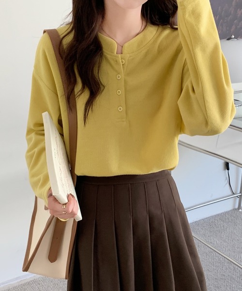 Diosfront（ディオスフロント）の「スタンドネックオーバーサイズカットロンTee（Tシャツ/カットソー・レディース・ライトグリーン/イエロー/ブラック/ブルーグリーン/ボルドー/キャメル/グリーン/ネイビー・M/L/XL）」の6枚目の写真