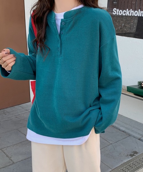 Diosfront（ディオスフロント）の「スタンドネックオーバーサイズカットロンTee（Tシャツ/カットソー・レディース・ライトグリーン/イエロー/ブラック/ブルーグリーン/ボルドー/キャメル/グリーン/ネイビー・M/L/XL）」の3枚目の写真