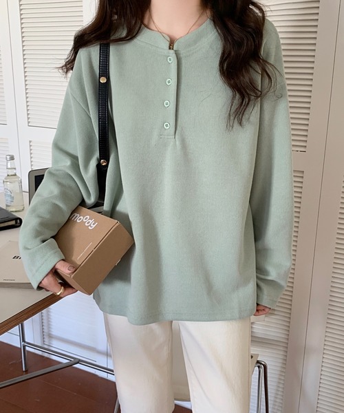 Diosfront（ディオスフロント）の「スタンドネックオーバーサイズカットロンTee（Tシャツ/カットソー・レディース・ライトグリーン/イエロー/ブラック/ブルーグリーン/ボルドー/キャメル/グリーン/ネイビー・M/L/XL）」の14枚目の写真