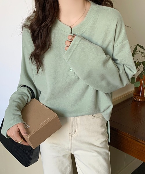 Diosfront（ディオスフロント）の「スタンドネックオーバーサイズカットロンTee（Tシャツ/カットソー・レディース・ライトグリーン/イエロー/ブラック/ブルーグリーン/ボルドー/キャメル/グリーン/ネイビー・M/L/XL）」の17枚目の写真