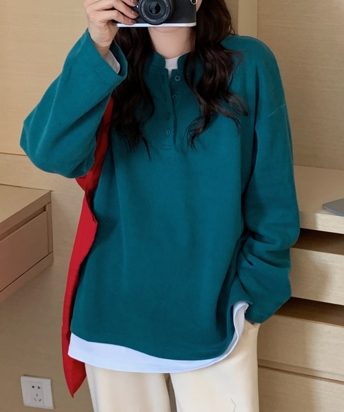 Diosfront（ディオスフロント）の「スタンドネックオーバーサイズカットロンTee（Tシャツ/カットソー・レディース・ライトグリーン/イエロー/ブラック/ブルーグリーン/ボルドー/キャメル/グリーン/ネイビー・M/L/XL）」の21枚目の写真