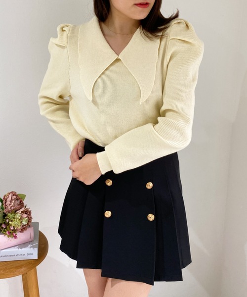 Loueme（ルエム）の「ビッグカラーボーダーパフスリーブニット（ニット/セーター・レディース・ブラック/グリーン/アイボリー/ブラウン/ブラック系その他・FREE）」の2枚目の写真