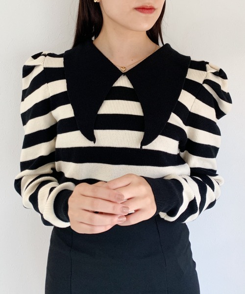 Loueme（ルエム）の「ビッグカラーボーダーパフスリーブニット（ニット/セーター・レディース・ブラック/グリーン/アイボリー/ブラウン/ブラック系その他・FREE）」の9枚目の写真