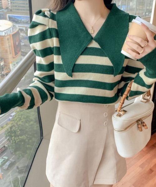 Loueme（ルエム）の「ビッグカラーボーダーパフスリーブニット（ニット/セーター・レディース・ブラック/グリーン/アイボリー/ブラウン/ブラック系その他・FREE）」の18枚目の写真