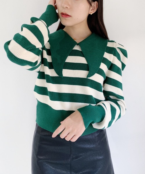 Loueme（ルエム）の「ビッグカラーボーダーパフスリーブニット（ニット/セーター・レディース・ブラック/グリーン/アイボリー/ブラウン/ブラック系その他・FREE）」の8枚目の写真