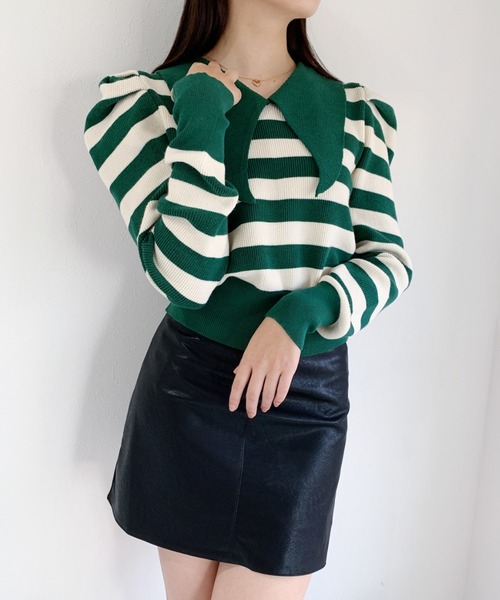 Loueme（ルエム）の「ビッグカラーボーダーパフスリーブニット（ニット/セーター・レディース・ブラック/グリーン/アイボリー/ブラウン/ブラック系その他・FREE）」の11枚目の写真