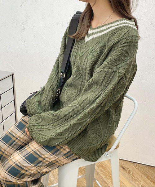 apres jour（アプレジュール）の「ライン入りケーブルニット【ZOZOTOWN限定アイテム】（ニット/セーター・レディース・モカ/グリーン/アイボリー・X-LARGE/フリー）」の9枚目の写真