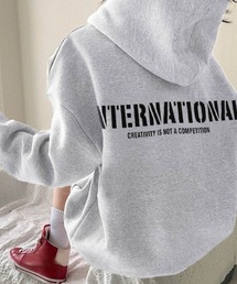 韓国スウェット 裏起毛 INTERNATIONALバックロゴフーディー パーカー オーバーサイズ