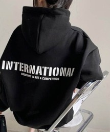 韓国スウェット 裏起毛 INTERNATIONALバックロゴフーディー パーカー オーバーサイズ
