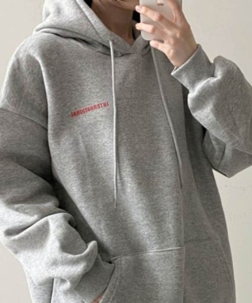 Dalfwin(ダールフィン)の「韓国スウェット 裏起毛 INTERNATIONALバックロゴフーディー パーカー オーバーサイズ(パーカー・レディース・グレー/ホワイト系その他/ブラック・FREE)」の18枚目の写真