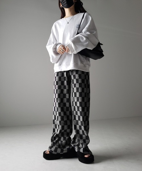 セール】【 3COLOR 】ブロックチェックスムースベロアパンツ