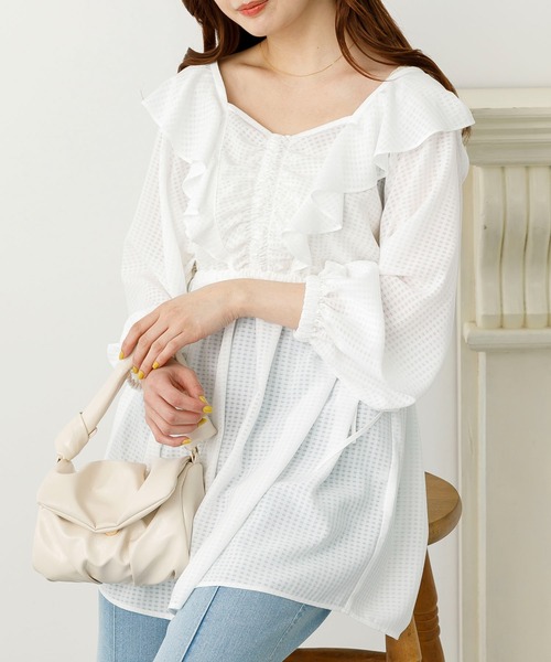 SLURR（スラ―）の「2Wayシアーギンガムフリルチュニック（シャツ/ブラウス・レディース・オフホワイト/ブラック/アイボリー・FREE）」の2枚目の写真