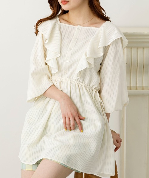 SLURR（スラ―）の「2Wayシアーギンガムフリルチュニック（シャツ/ブラウス・レディース・オフホワイト/ブラック/アイボリー・FREE）」の3枚目の写真