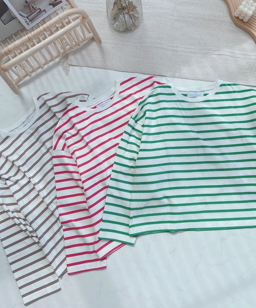 AS KNOW AS plus（アズノゥアズプラス）の「●シンプルボーダーロンＴ（Tシャツ/カットソー・レディース・オフホワイト/ホワイト×グリーン/ホワイト×ピンク/ネイビー×ホワイト/ホワイト×ブラウン/ホワイト×ブラック・FREE）」の19枚目の写真