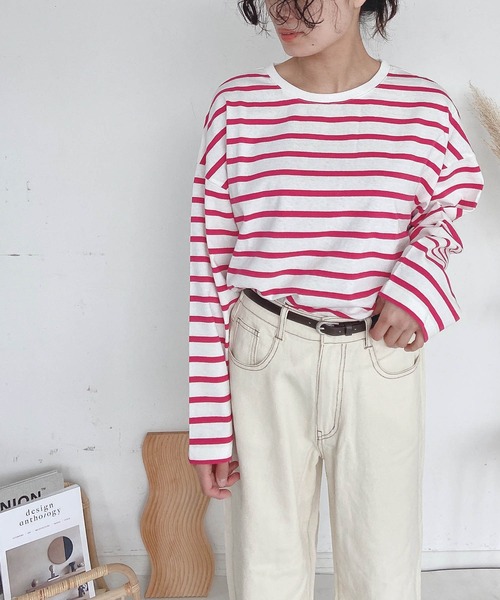 AS KNOW AS plus（アズノゥアズプラス）の「●シンプルボーダーロンＴ（Tシャツ/カットソー・レディース・オフホワイト/ホワイト×グリーン/ホワイト×ピンク/ネイビー×ホワイト/ホワイト×ブラウン/ホワイト×ブラック・FREE）」の8枚目の写真