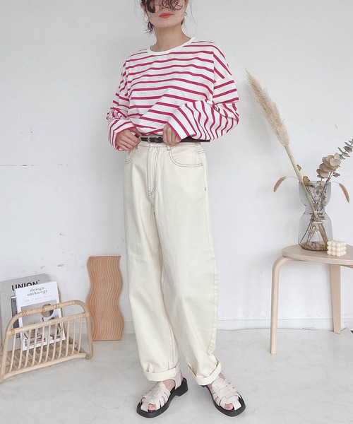 AS KNOW AS plus（アズノゥアズプラス）の「●シンプルボーダーロンＴ（Tシャツ/カットソー・レディース・オフホワイト/ホワイト×グリーン/ホワイト×ピンク/ネイビー×ホワイト/ホワイト×ブラウン/ホワイト×ブラック・FREE）」の9枚目の写真