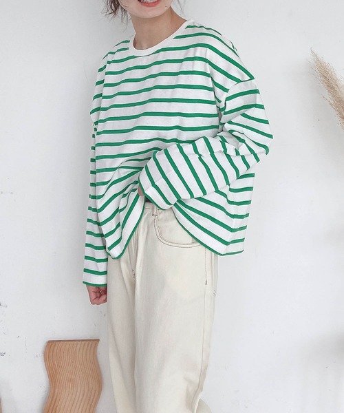 AS KNOW AS plus（アズノゥアズプラス）の「●シンプルボーダーロンＴ（Tシャツ/カットソー・レディース・オフホワイト/ホワイト×グリーン/ホワイト×ピンク/ネイビー×ホワイト/ホワイト×ブラウン/ホワイト×ブラック・FREE）」の10枚目の写真