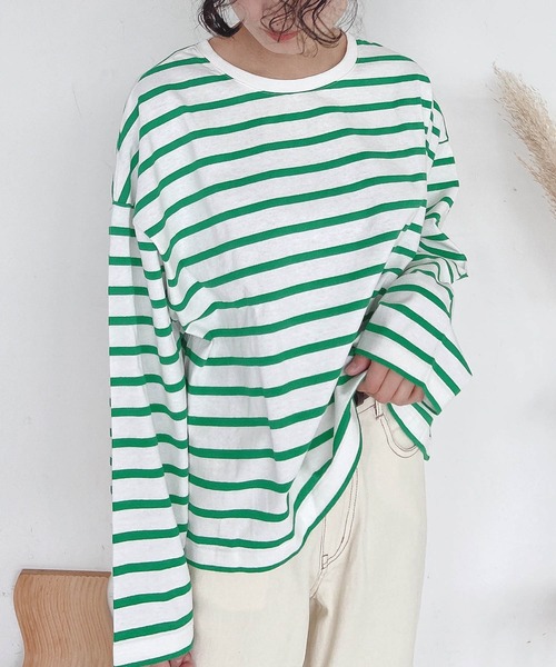 AS KNOW AS plus（アズノゥアズプラス）の「●シンプルボーダーロンＴ（Tシャツ/カットソー・レディース・オフホワイト/ホワイト×グリーン/ホワイト×ピンク/ネイビー×ホワイト/ホワイト×ブラウン/ホワイト×ブラック・FREE）」の11枚目の写真