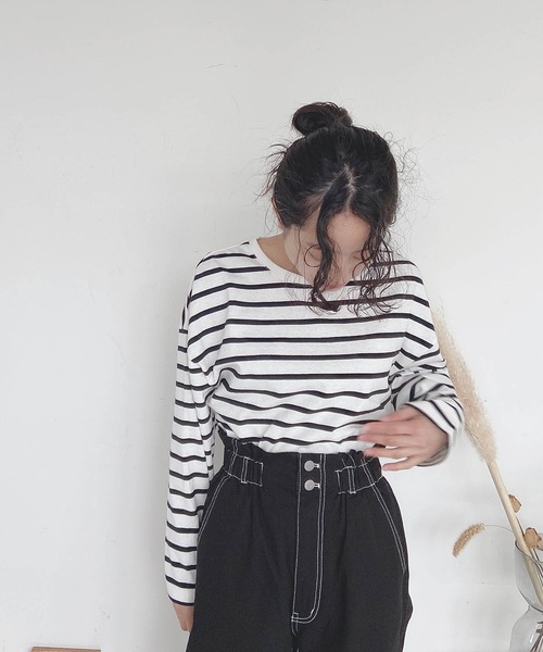 AS KNOW AS plus（アズノゥアズプラス）の「●シンプルボーダーロンＴ（Tシャツ/カットソー・レディース・オフホワイト/ホワイト×グリーン/ホワイト×ピンク/ネイビー×ホワイト/ホワイト×ブラウン/ホワイト×ブラック・FREE）」の13枚目の写真