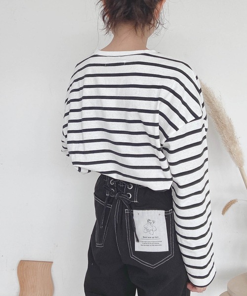 AS KNOW AS plus（アズノゥアズプラス）の「●シンプルボーダーロンＴ（Tシャツ/カットソー・レディース・オフホワイト/ホワイト×グリーン/ホワイト×ピンク/ネイビー×ホワイト/ホワイト×ブラウン/ホワイト×ブラック・FREE）」の14枚目の写真