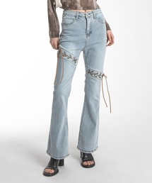 FOLLOWIN | レザーステッチストラップポイントジーンズデニムパンツ(デニムパンツ)