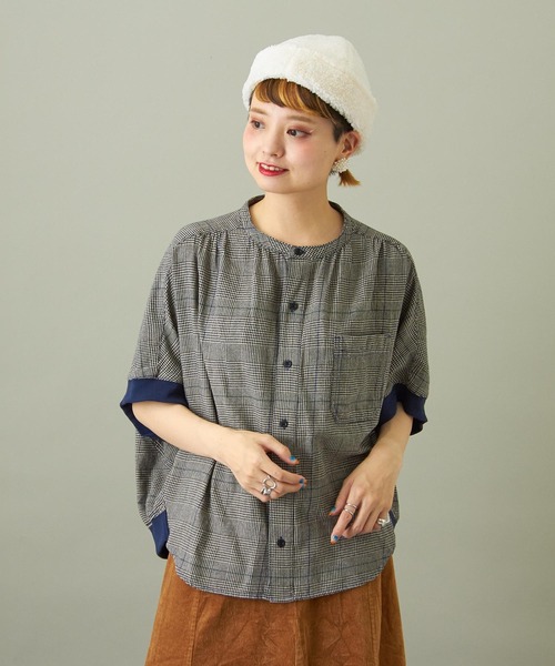 CUBE SUGAR(キューブシュガー)の「チェック柄半袖バンドカラーバルーンシャツ(シャツ/ブラウス・レディース・マルチ/ピンク/ライム/グレー/ベージュ・M)」の2枚目の写真
