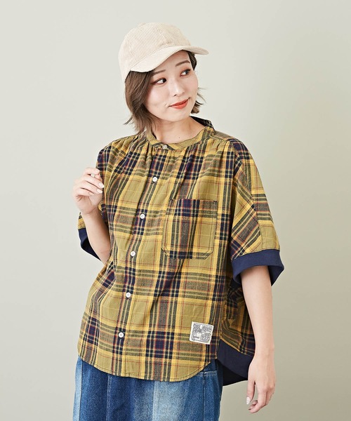 CUBE SUGAR(キューブシュガー)の「チェック柄半袖バンドカラーバルーンシャツ(シャツ/ブラウス・レディース・マルチ/ピンク/ライム/グレー/ベージュ・M)」の4枚目の写真