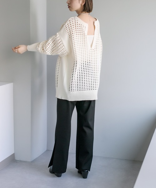 mystic(ミスティック)の「スキッパーメッシュニット(ニット/セーター・レディース・グレー/オフホワイト/ブルー・FREE)」の4枚目の写真