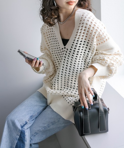 mystic(ミスティック)の「スキッパーメッシュニット(ニット/セーター・レディース・グレー/オフホワイト/ブルー・FREE)」の21枚目の写真