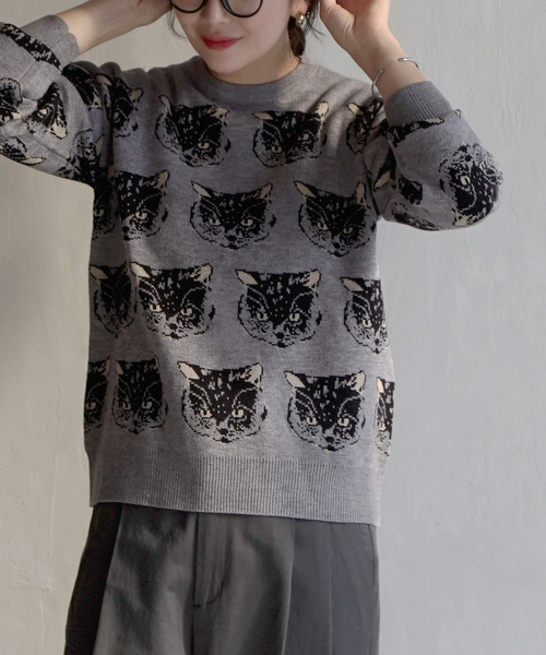 MIMIMEMETE（ミミメメット）の「【猫にまみれたいあなたへ】 猫柄ジャガード ニットプルオーバー（ニット/セーター・レディース・ライトベージュ/ブラック系その他/グレー/チャコール・M-L/L-XL）」の3枚目の写真