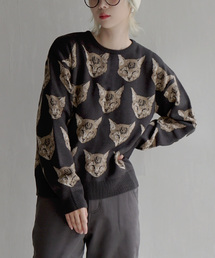【猫にまみれたいあなたへ】 猫柄ジャガード ニットプルオーバー