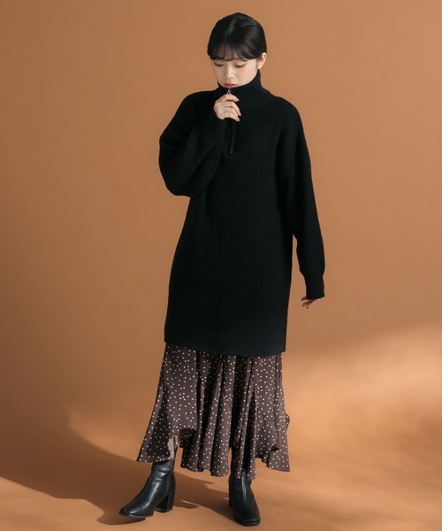 HEYUMM（ヘユム）の「ハーフジップニットミニワンピース（ワンピース・レディース・ブラック/アイボリー/ライトベージュ・ONE）」の5枚目の写真